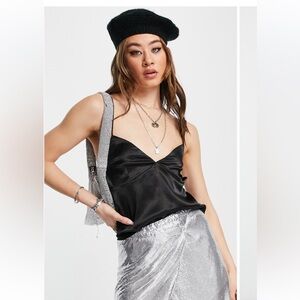 Topshop tie black satin camisole top size 6 NWT